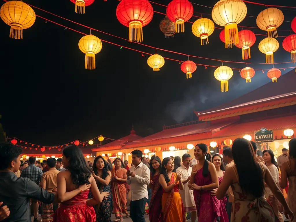 A vibrant image of a community festival with people enjoying music, dance, and local food in an outdoor setting, capturing the essence of COMITE DES FETES DE BANVILLE's cultural events.