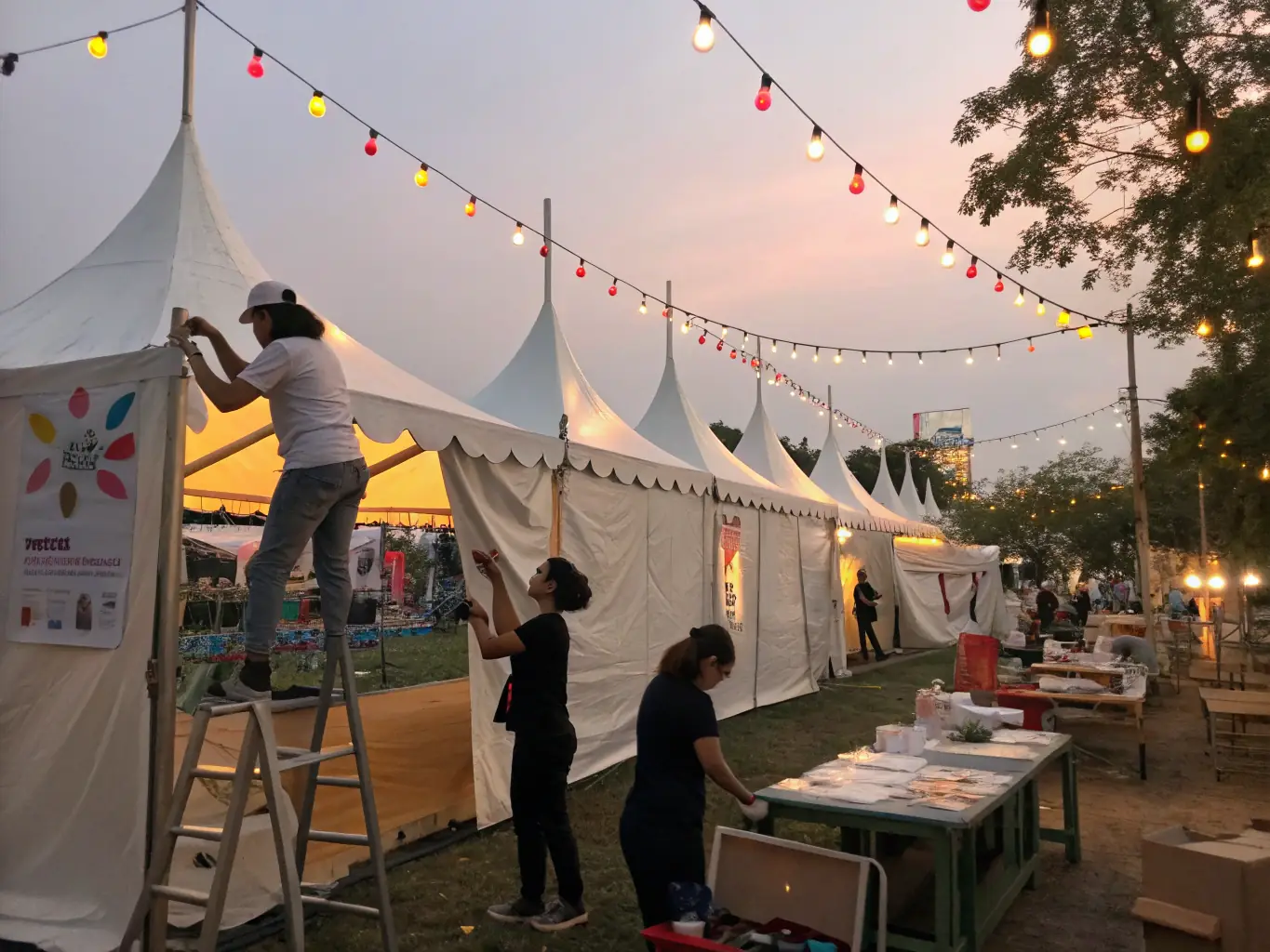 A photograph of volunteers working together to set up decorations for a local festival, showcasing the collaborative spirit of COMITE DES FETES DE BANVILLE.